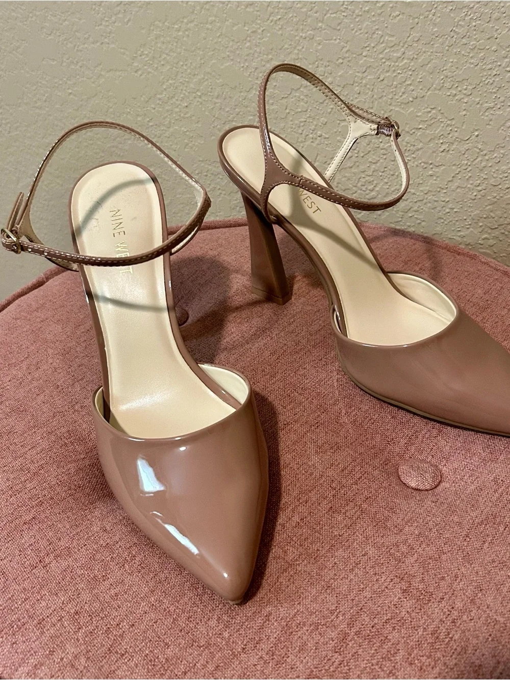 Nine West Blush Patent Block Heel Pumps with Ankle Strap